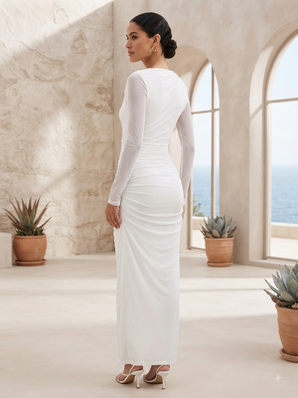 SHEIN White Long Sleeve Ruched Maxi Dress